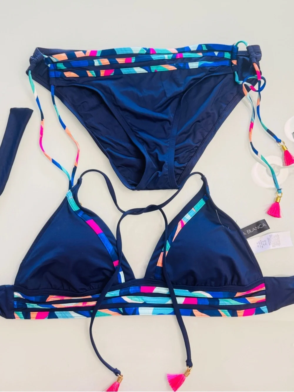 La Blanca Navy Bikini with Multicolor Trim and Tassel Ties - Picture 1 of 11